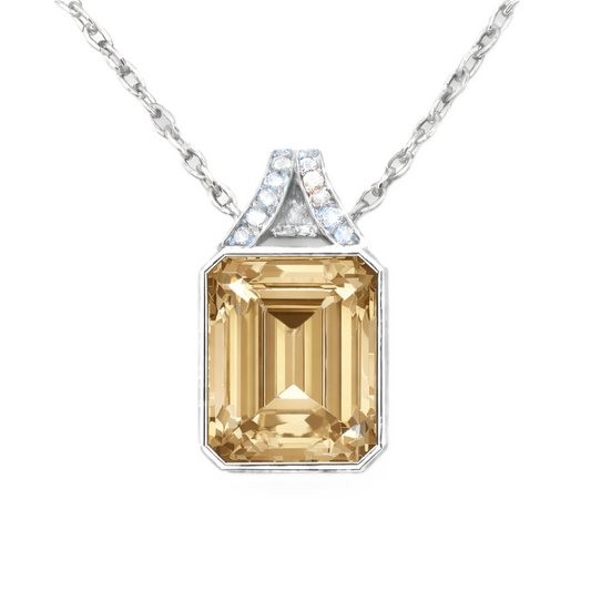 Whisky quartz pendant with a 12×10 mm emerald-cut gemstone in white gold-plated 925 silver. Warm, elegant, and radiant for daily wear. Available now at BSI Jewelry.