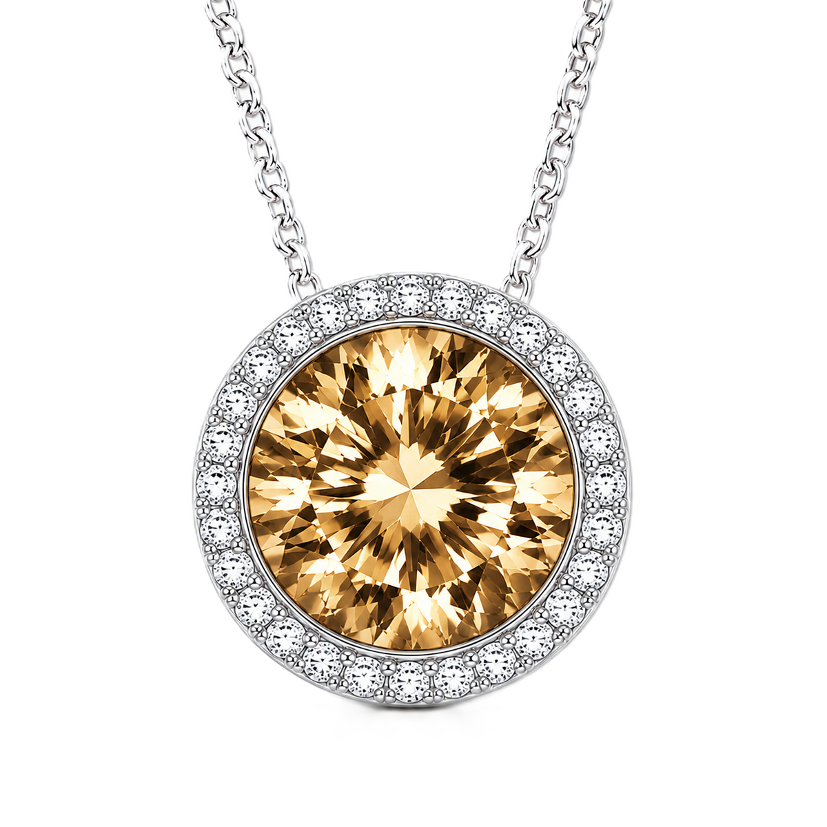 Whisky quartz pendant with a 7 mm round gemstone in white gold-plated 925 silver. Elegant and hypoallergenic. Available now at BSI Jewelry.