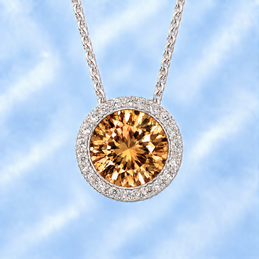 Whisky quartz pendant with a 7 mm round gemstone in white gold-plated 925 silver. Elegant and hypoallergenic. Available now at BSI Jewelry.