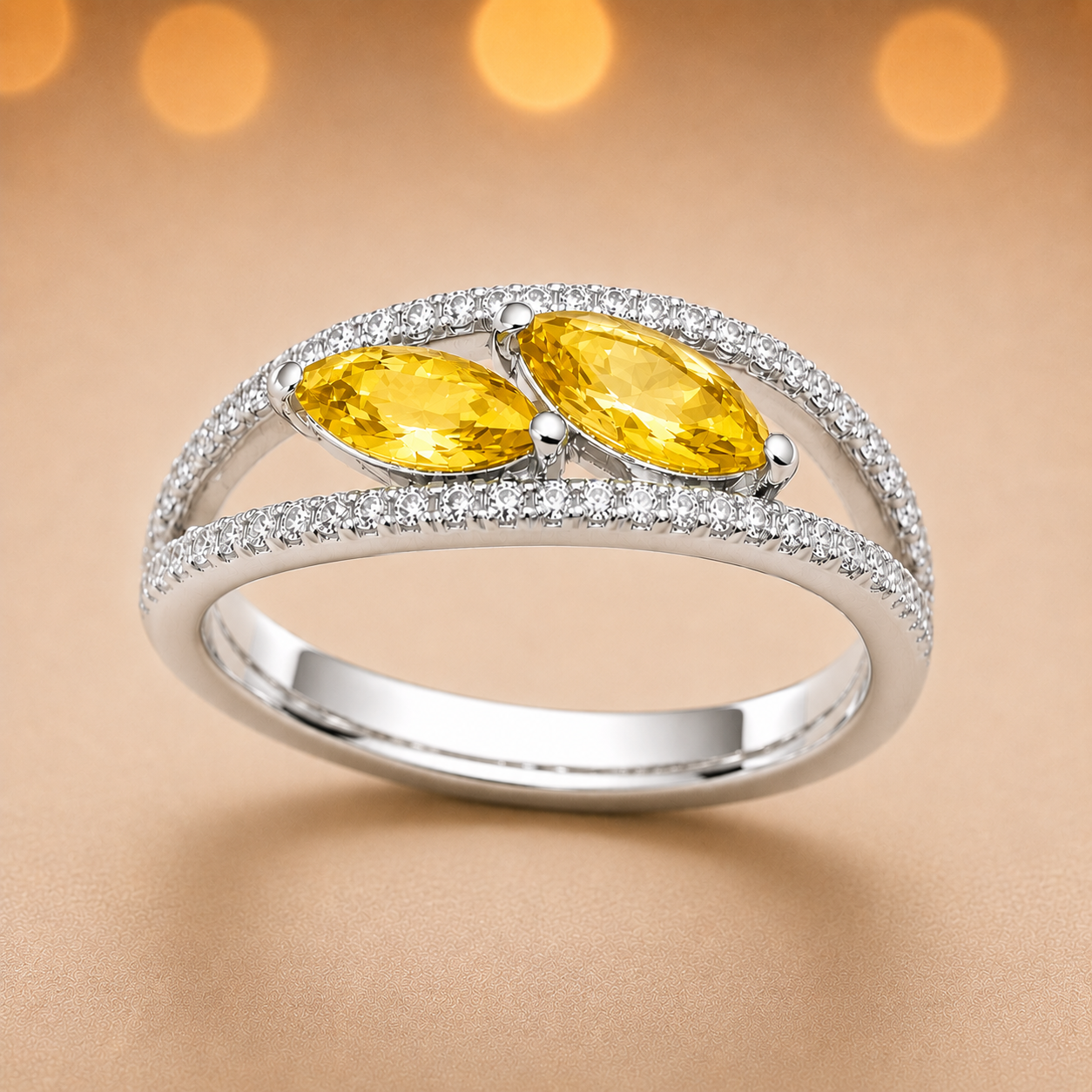 Yellow sapphire crossover ring with 6×3 mm marquise in white gold-plated 925 silver, accented with moissanite. Elegant and contemporary. Available at BSI Jewelry.