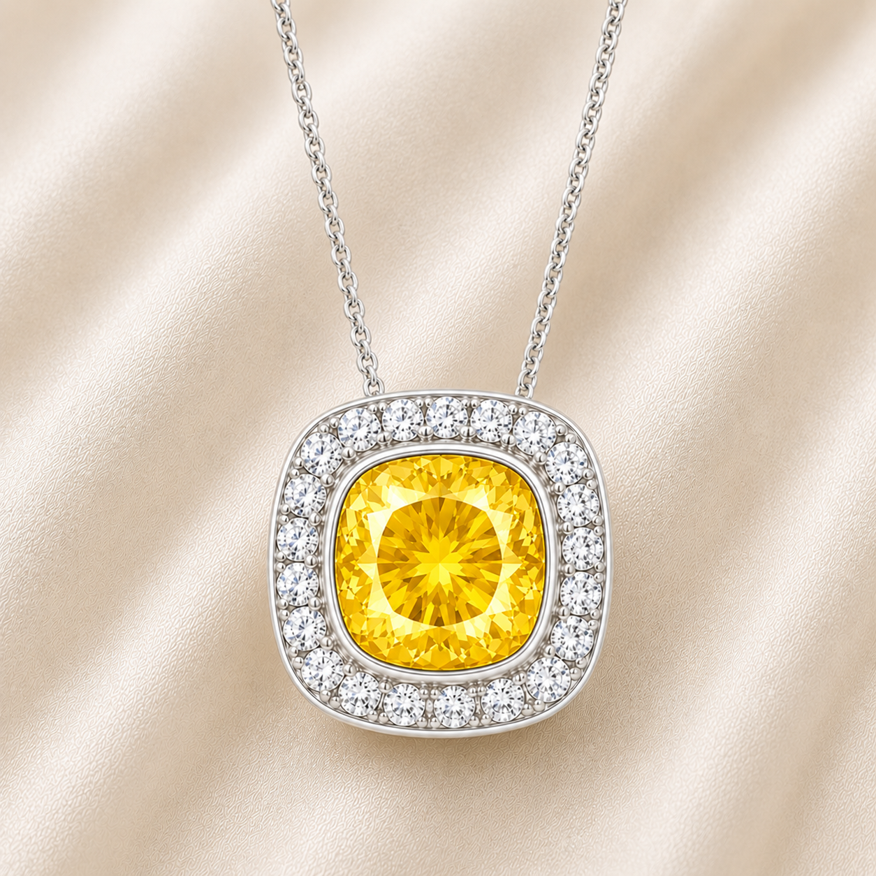 Yellow sapphire cushion pendant with 6 mm center stone in white gold-plated 925 silver, accented with moissanite. Elegant and radiant. Available at BSI Jewelry.