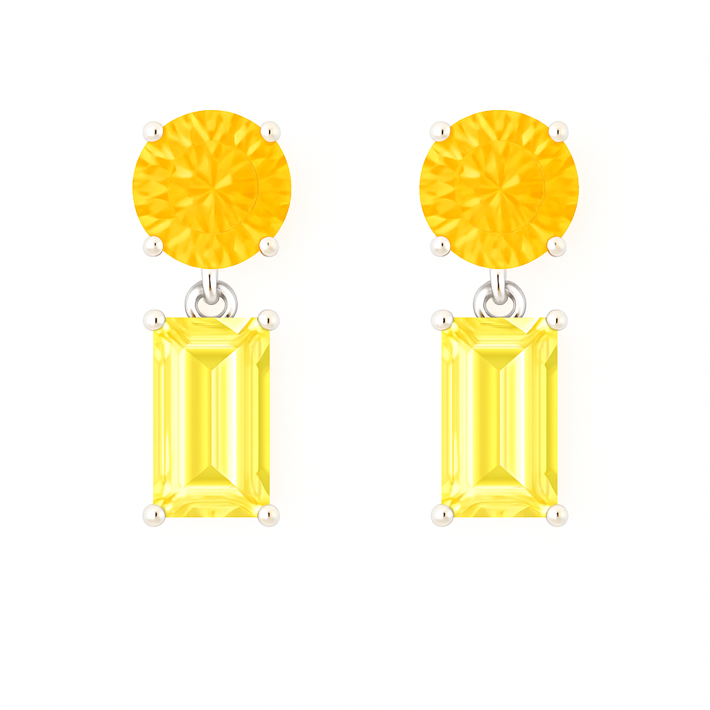 Yellow sapphire drop earrings with 5mm round and 6×4mm emerald cut, crafted in white gold-plated 925 silver with palladium-added alloy. Available at BSI Jewelry