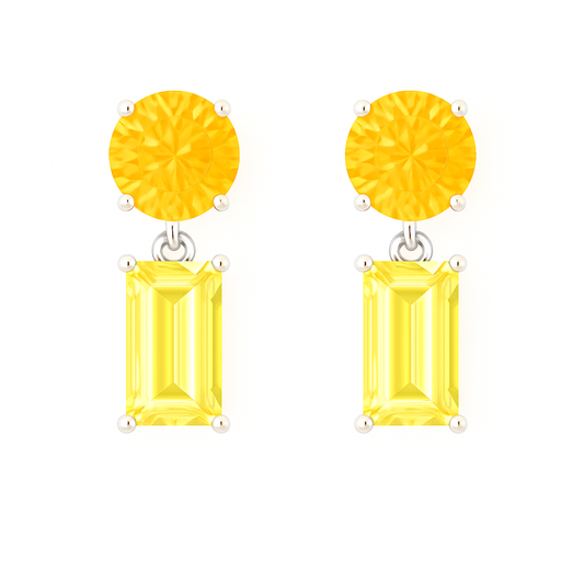 Yellow sapphire drop earrings with 5mm round and 6×4mm emerald cut, crafted in white gold-plated 925 silver with palladium-added alloy. Available at BSI Jewelry