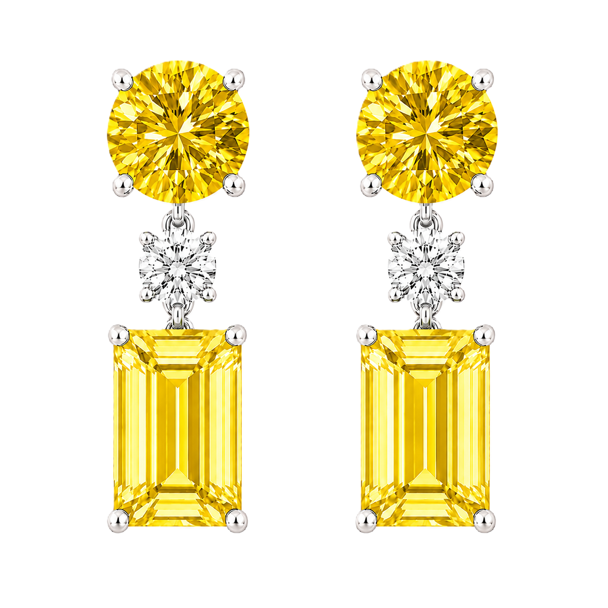 Yellow sapphire drop earrings with 5mm round and 6×4mm emerald cut, crafted in white gold-plated 925 silver with palladium-added alloy. Available at BSI Jewelry