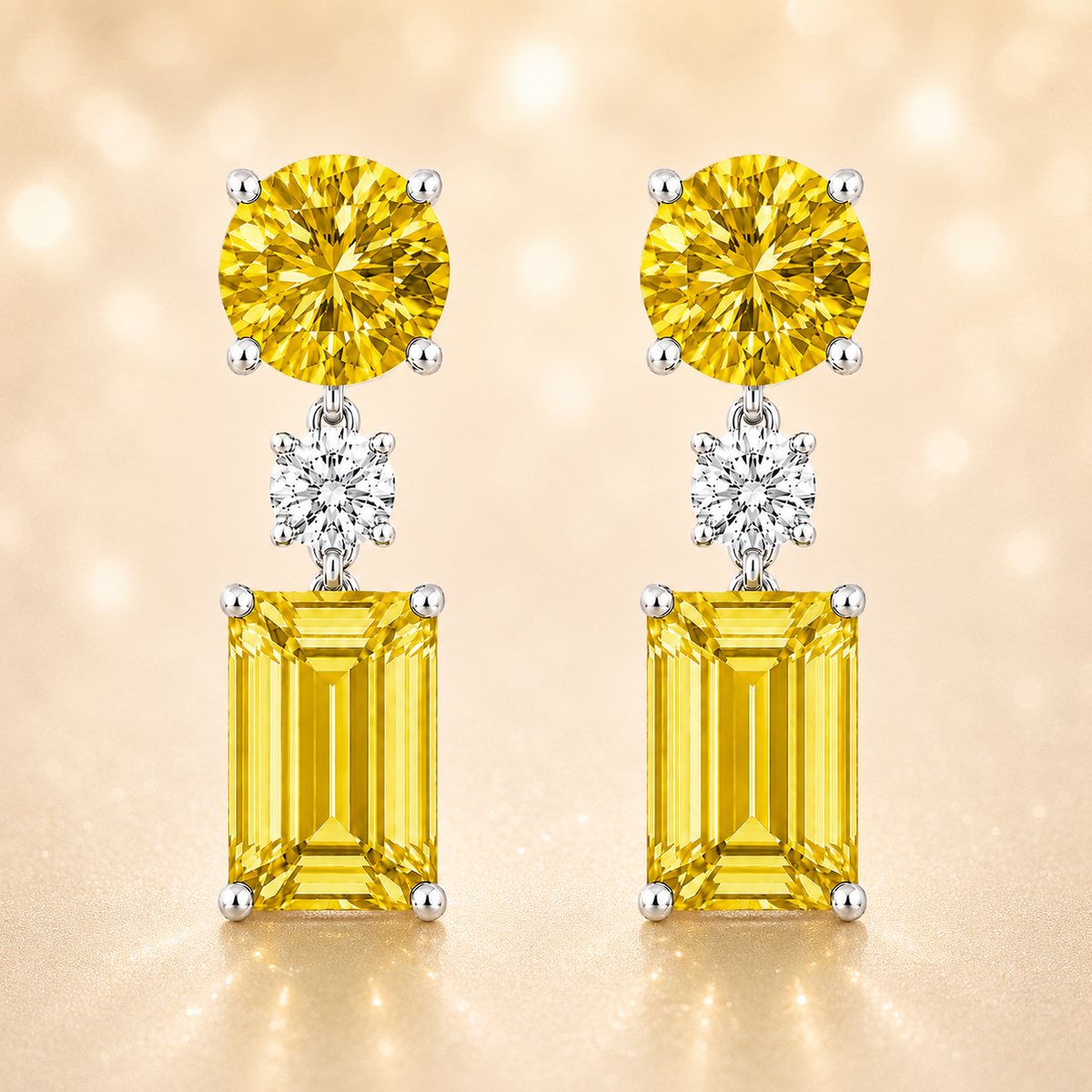 Yellow sapphire drop earrings with 5mm round and 6×4mm emerald cut, crafted in white gold-plated 925 silver with palladium-added alloy. Available at BSI Jewelry