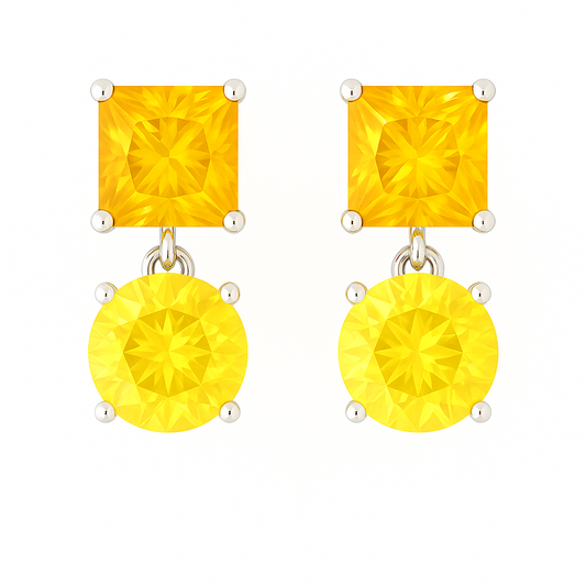 Elegant yellow sapphire drop stud earrings with 5 mm princess and round, crafted in white gold-plated 925 silver with palladium-added alloy. Now at BSI Jewelry.