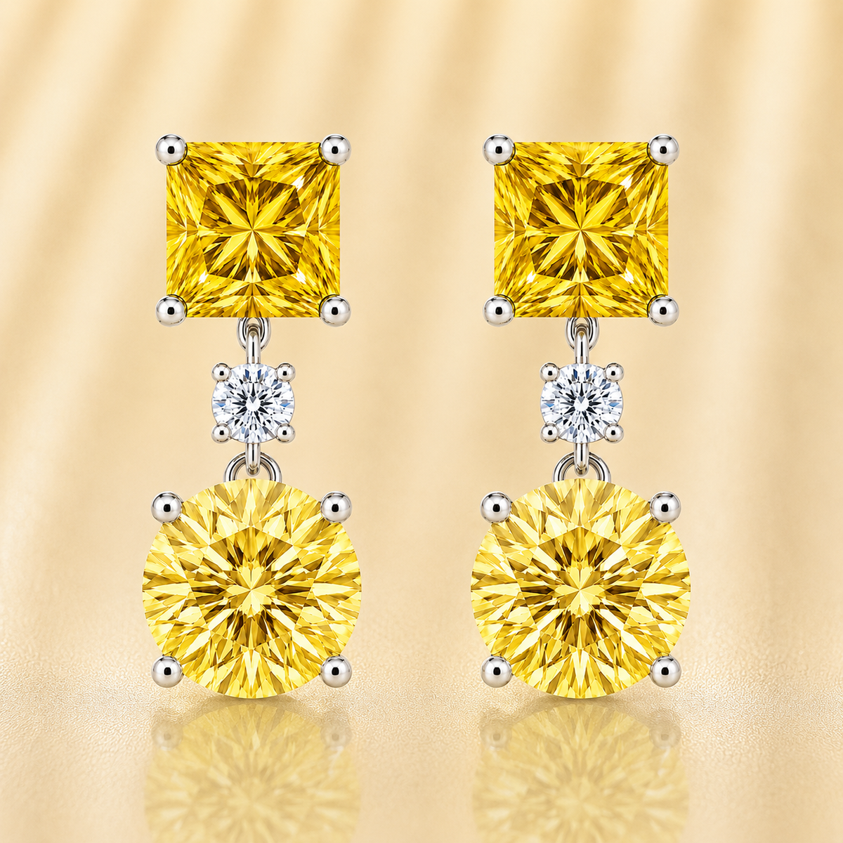 Elegant yellow sapphire drop stud earrings with 5 mm princess and round, crafted in white gold-plated 925 silver with palladium-added alloy. Now at BSI Jewelry.