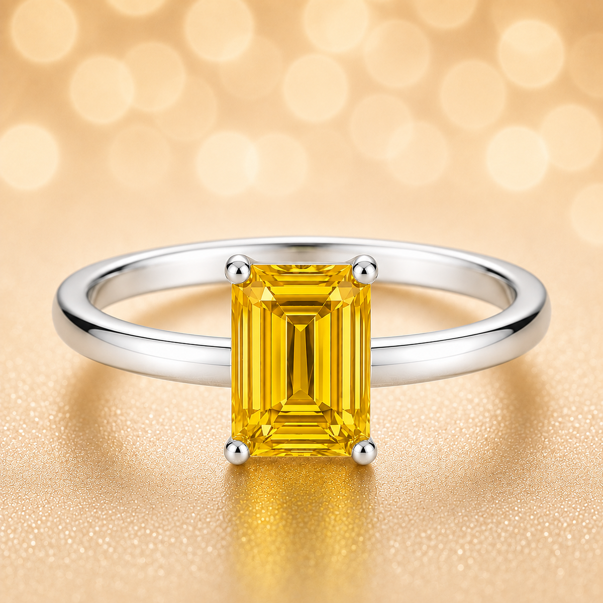 7×5 mm emerald-cut yellow sapphire solitaire ring set in white-gold-plated 925 silver. Radiant simplicity and timeless elegance. Available now at BSI Jewelry.