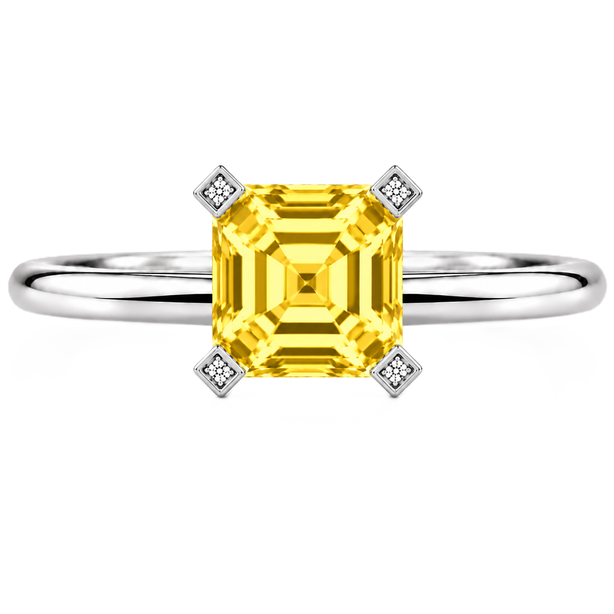 Radiant yellow sapphire engagement ring with a 6 mm asscher-cut center stone, crafted in white gold plated 925 silver. Available now at BSI Jewelry.