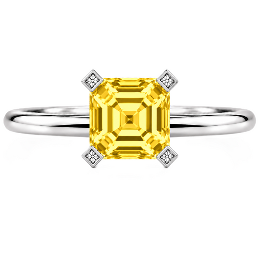 Radiant yellow sapphire engagement ring with a 6 mm asscher-cut center stone, crafted in white gold plated 925 silver. Available now at BSI Jewelry.