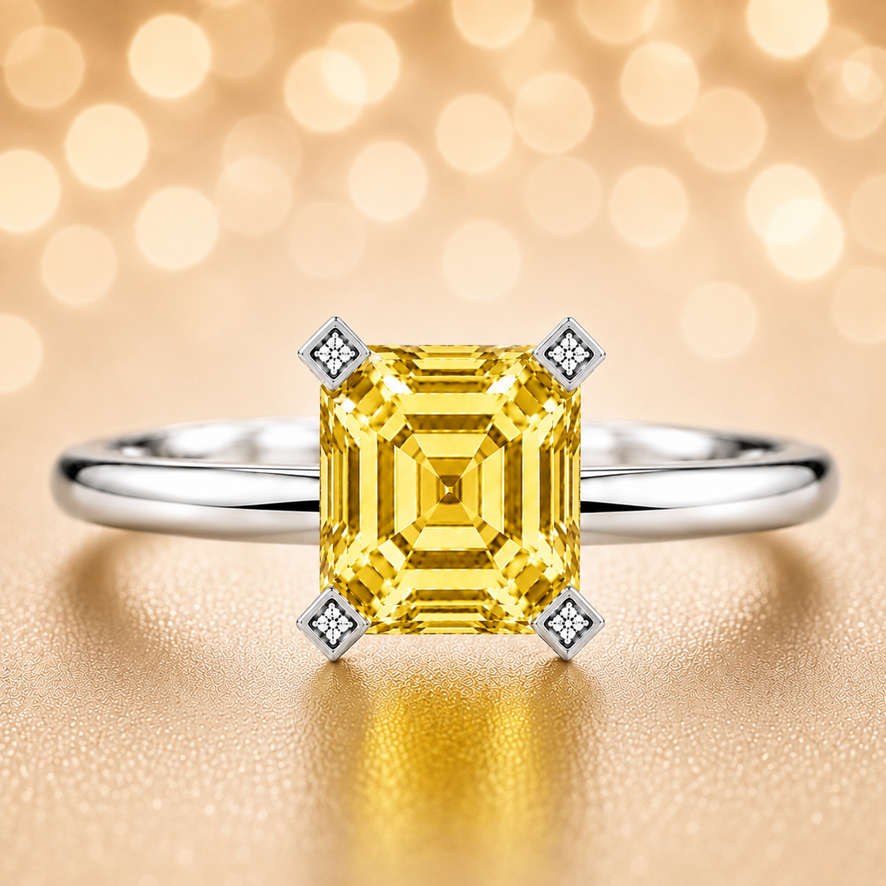Radiant yellow sapphire engagement ring with a 6 mm asscher-cut center stone, crafted in white gold plated 925 silver. Available now at BSI Jewelry.
