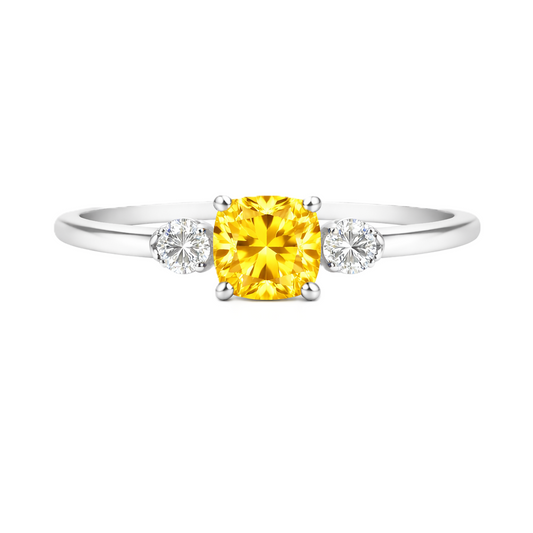 Yellow sapphire engagement ring, 6 mm cushion, crafted in white gold-plated 925 silver. Elegant and timeless for daily wear. Available now at BSI Jewelry.