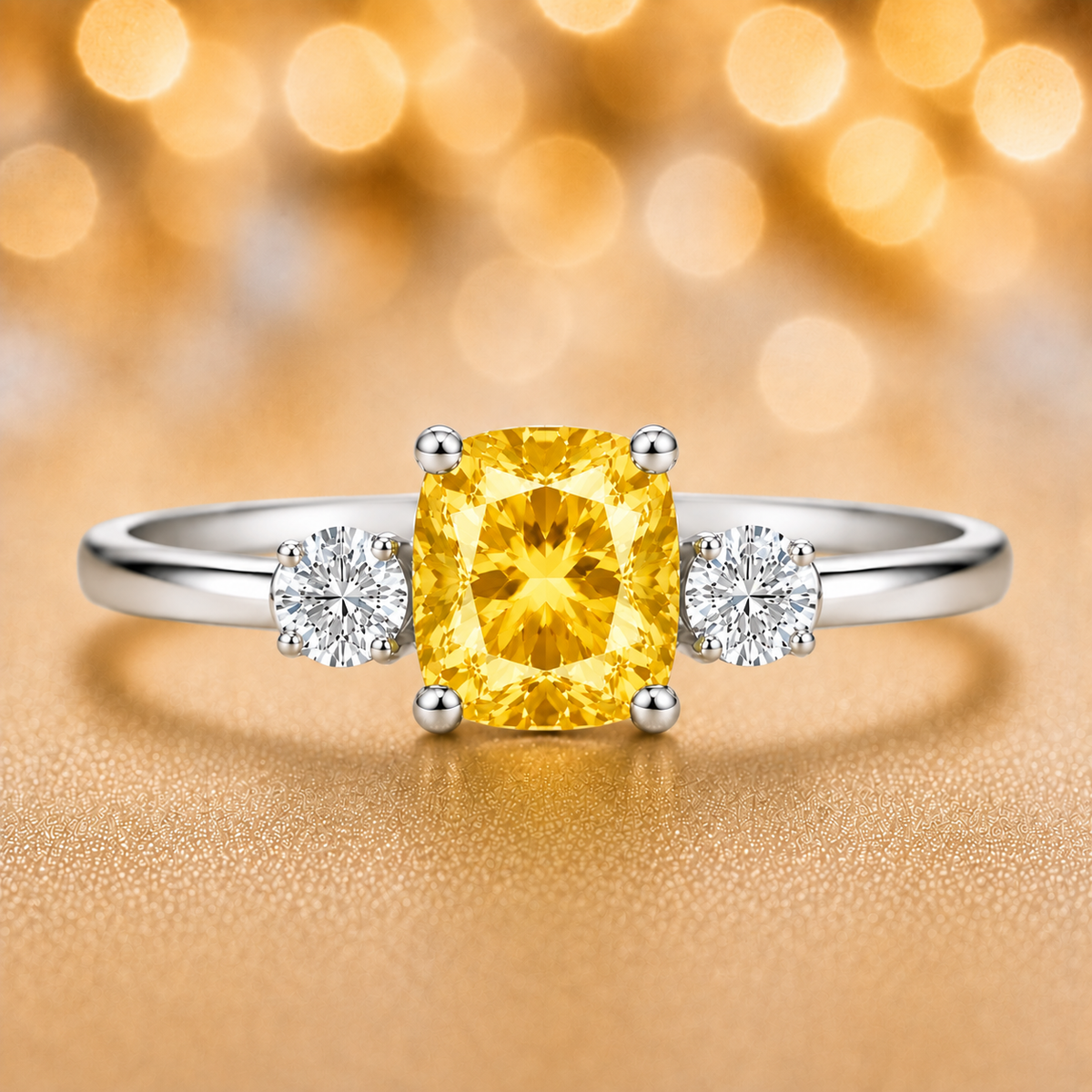 Yellow sapphire engagement ring, 6 mm cushion, crafted in white gold-plated 925 silver. Elegant and timeless for daily wear. Available now at BSI Jewelry.