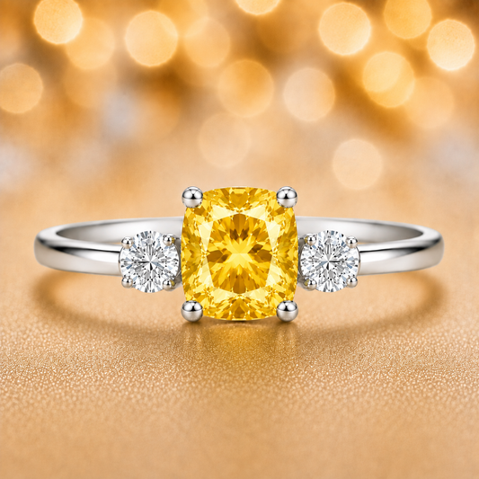 Yellow sapphire engagement ring, 6 mm cushion, crafted in white gold-plated 925 silver. Elegant and timeless for daily wear. Available now at BSI Jewelry.