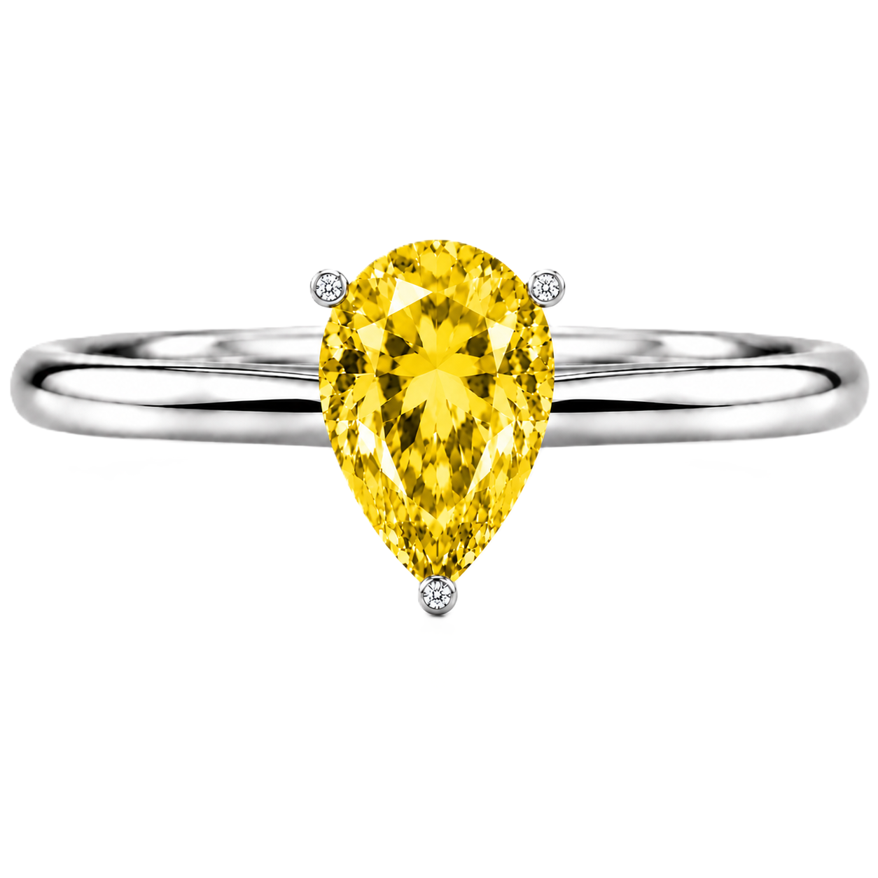 Radiant yellow sapphire engagement ring with a 6×4 mm pear-cut center stone, crafted in white gold plated 925 silver. Available now at BSI Jewelry.