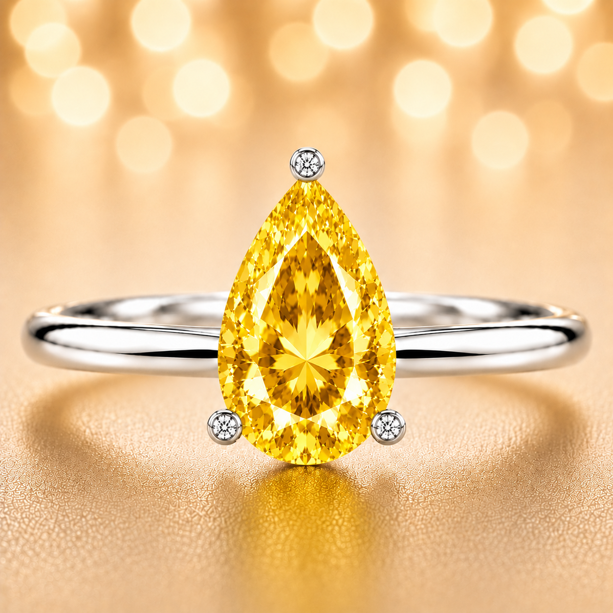 Radiant yellow sapphire engagement ring with a 6×4 mm pear-cut center stone, crafted in white gold plated 925 silver. Available now at BSI Jewelry.