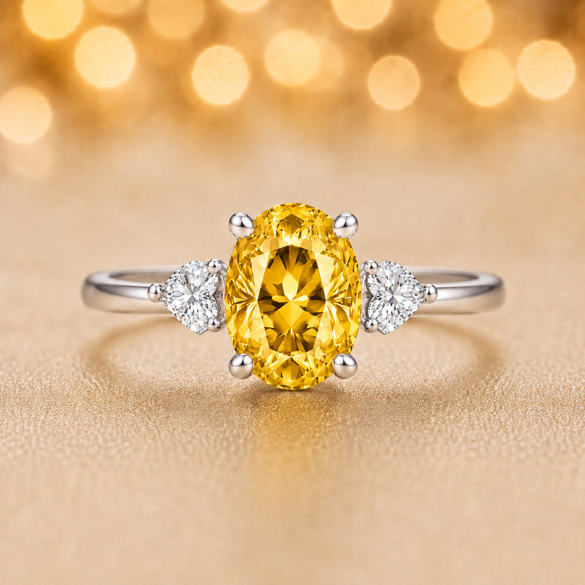 Yellow sapphire engagement ring with 6×4 mm oval center and elegant three-stone design, crafted in white gold-plated 925 silver. Available now at BSI Jewelry.