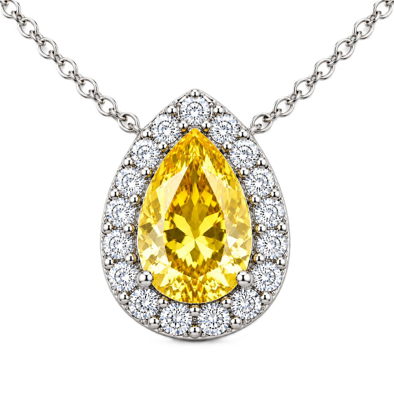 Yellow Sapphire Halo Necklace with pear-cut sapphire and brilliant moissanite halo in white gold plated 925 silver.