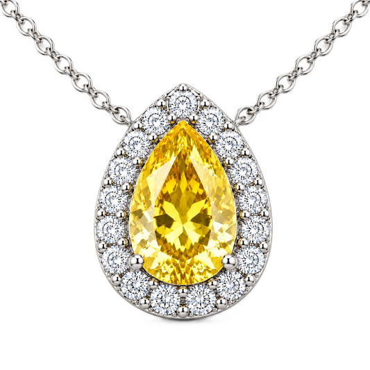 Yellow Sapphire Halo Necklace with pear-cut sapphire and brilliant moissanite halo in white gold plated 925 silver.