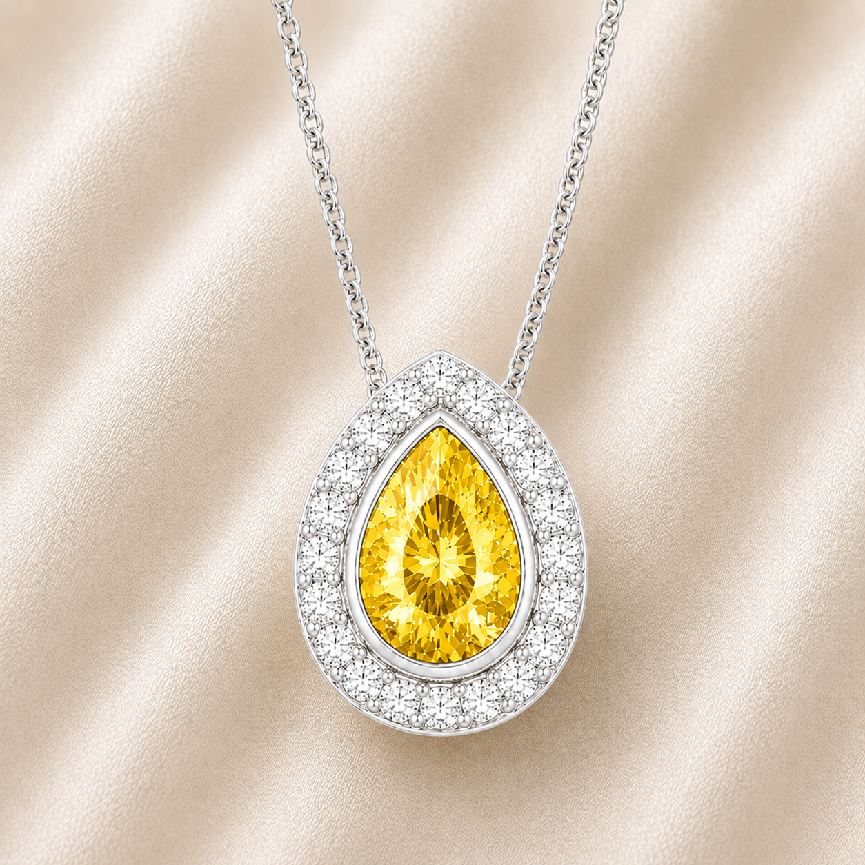 Yellow sapphire halo pendant with a 7×5 mm pear cut in white gold-plated 925 silver, accented with moissanite. Elegant and radiant. Available now at BSI Jewelry.