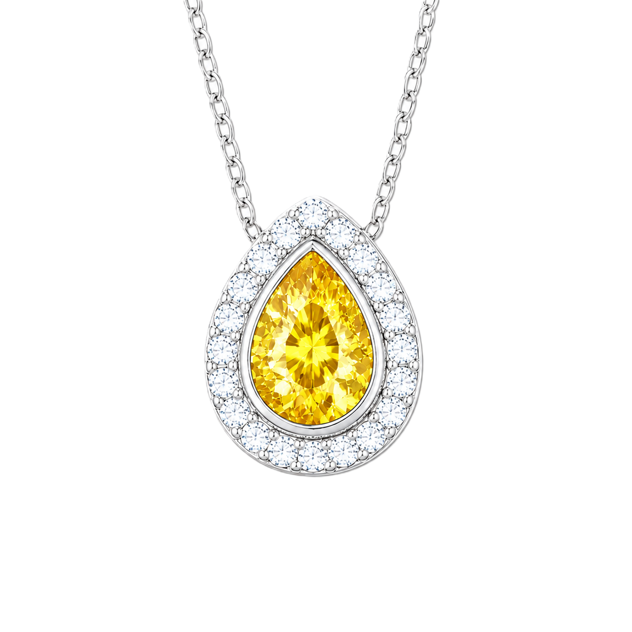 Yellow sapphire halo pendant with a 7×5 mm pear cut in white gold-plated 925 silver, accented with moissanite. Elegant and radiant. Available now at BSI Jewelry.