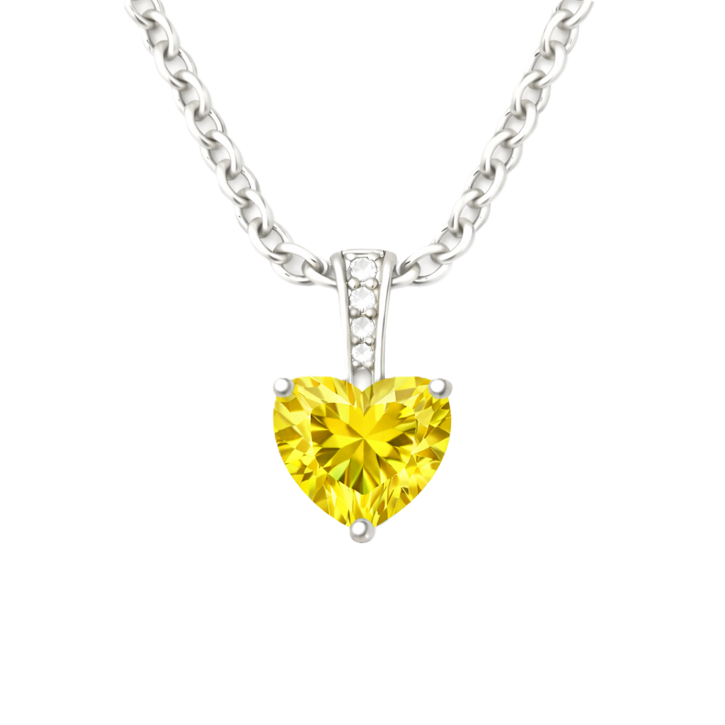 Yellow sapphire heart necklace featuring a vibrant 6 mm heart gemstone in white gold-plated 925 silver. Bright, elegant, and available now at BSI Jewelry.