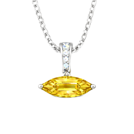 Yellow sapphire marquise pendant with an 8×5 mm gemstone in white gold-plated 925 silver with moissanite accents. Elegant and refined. Available now at BSI Jewelry.