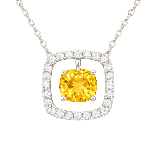 Yellow sapphire necklace with a 6 mm cushion cut and moissanite halo, crafted in white gold-plated 925 silver. Elegant and refined. Available now at BSI Jewelry.