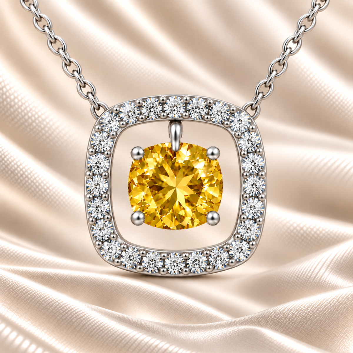 Yellow sapphire necklace with a 6 mm cushion cut and moissanite halo, crafted in white gold-plated 925 silver. Elegant and refined. Available now at BSI Jewelry.