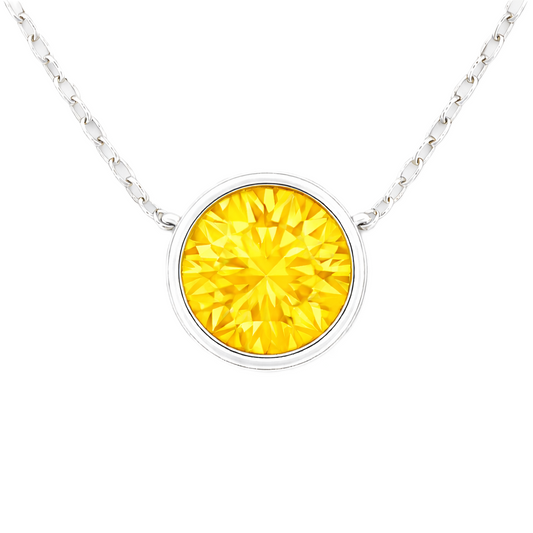 Yellow sapphire necklace with a 6 mm round in white gold-plated 925 silver. Elegant, hypoallergenic, and refined for daily wear. Available now at BSI Jewelry.