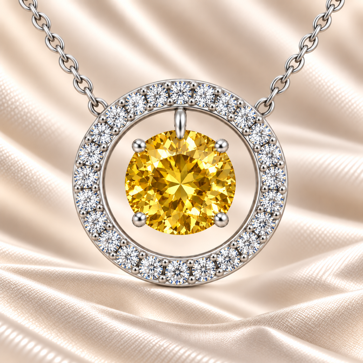 Yellow sapphire necklace with a 6 mm round cut in white gold-plated 925 silver and moissanite accents. Elegant for daily wear. Available now at BSI Jewelry.