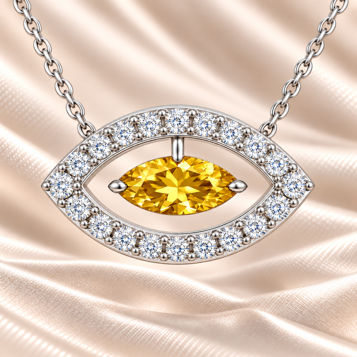 Yellow sapphire necklace with a 7×3.5 mm marquise cut in white gold-plated 925 silver and moissanite accents. Elegant for daily wear. Available now at BSI Jewelry.