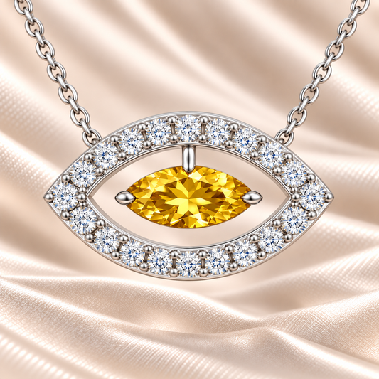 Yellow sapphire necklace with a 7×3.5 mm marquise cut in white gold-plated 925 silver and moissanite accents. Elegant for daily wear. Available now at BSI Jewelry.