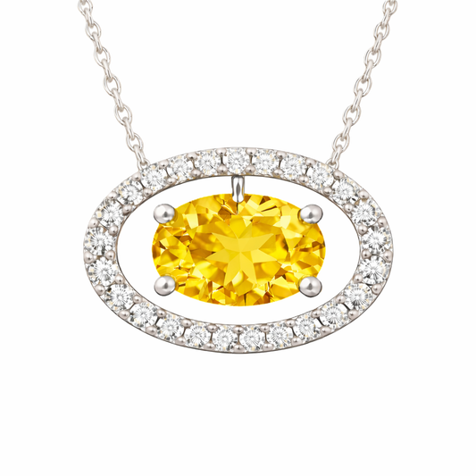 Yellow sapphire necklace with an 8×5 mm oval cut and moissanite halo, crafted in white gold-plated 925 silver. Elegant and radiant. Available now at BSI Jewelry.