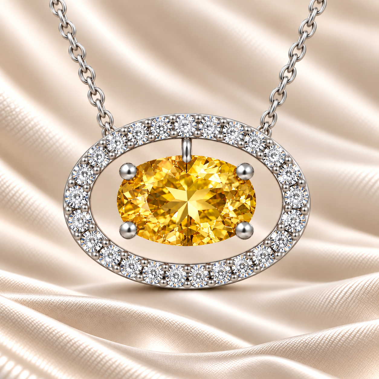 Yellow sapphire necklace with an 8×5 mm oval cut and moissanite halo, crafted in white gold-plated 925 silver. Elegant and radiant. Available now at BSI Jewelry.