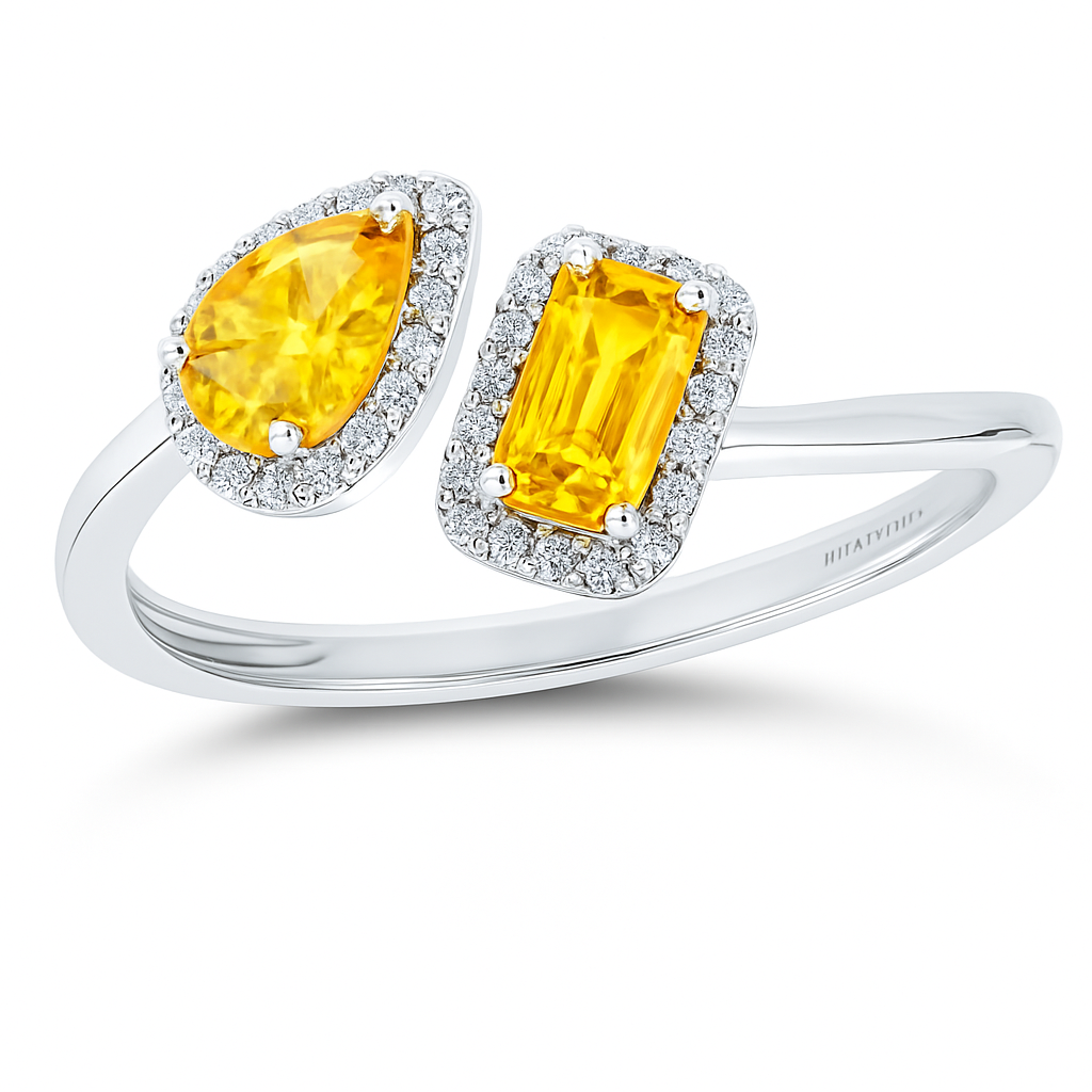 Yellow sapphire open ring with 5×3 mm pear and emerald stones in white gold plated 925 silver. Elegant and modern design. Available now at BSI Jewelry.