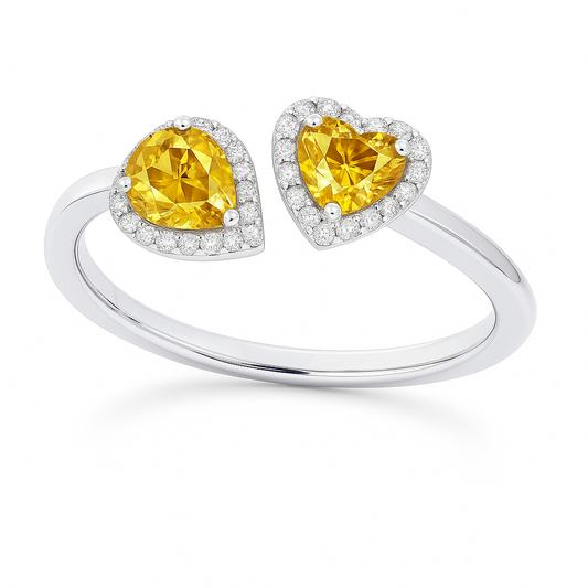 Yellow sapphire open ring with 6×4 mm pear and 5 mm heart cuts, crafted in white gold-plated 925 silver. Bright and hypoallergenic. Available now at BSI Jewelry.