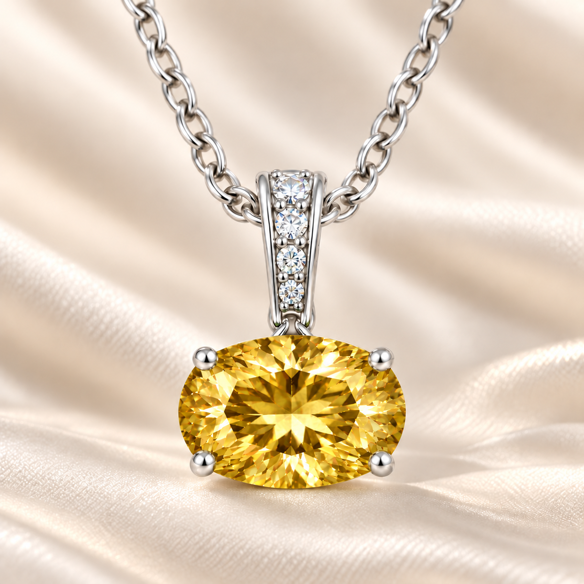 Yellow sapphire oval pendant with an 8×5 mm gemstone in white gold-plated 925 silver, accented with moissanite. Elegant and refined. Available now at BSI Jewelry.