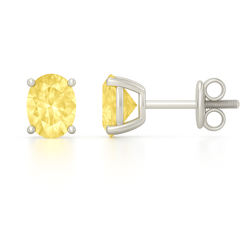 Elegant 6×4mm oval-cut Yellow Sapphire stud earrings in white-gold-plated 925 silver, hypoallergenic and safe to wear. Available now at BSI Jewelry.