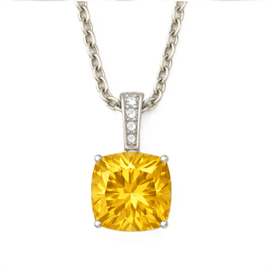 Yellow sapphire pendant with a 6 mm cushion gemstone in white gold-plated 925 silver, accented with moissanite. Elegant and refined. Available now at BSI Jewelry.