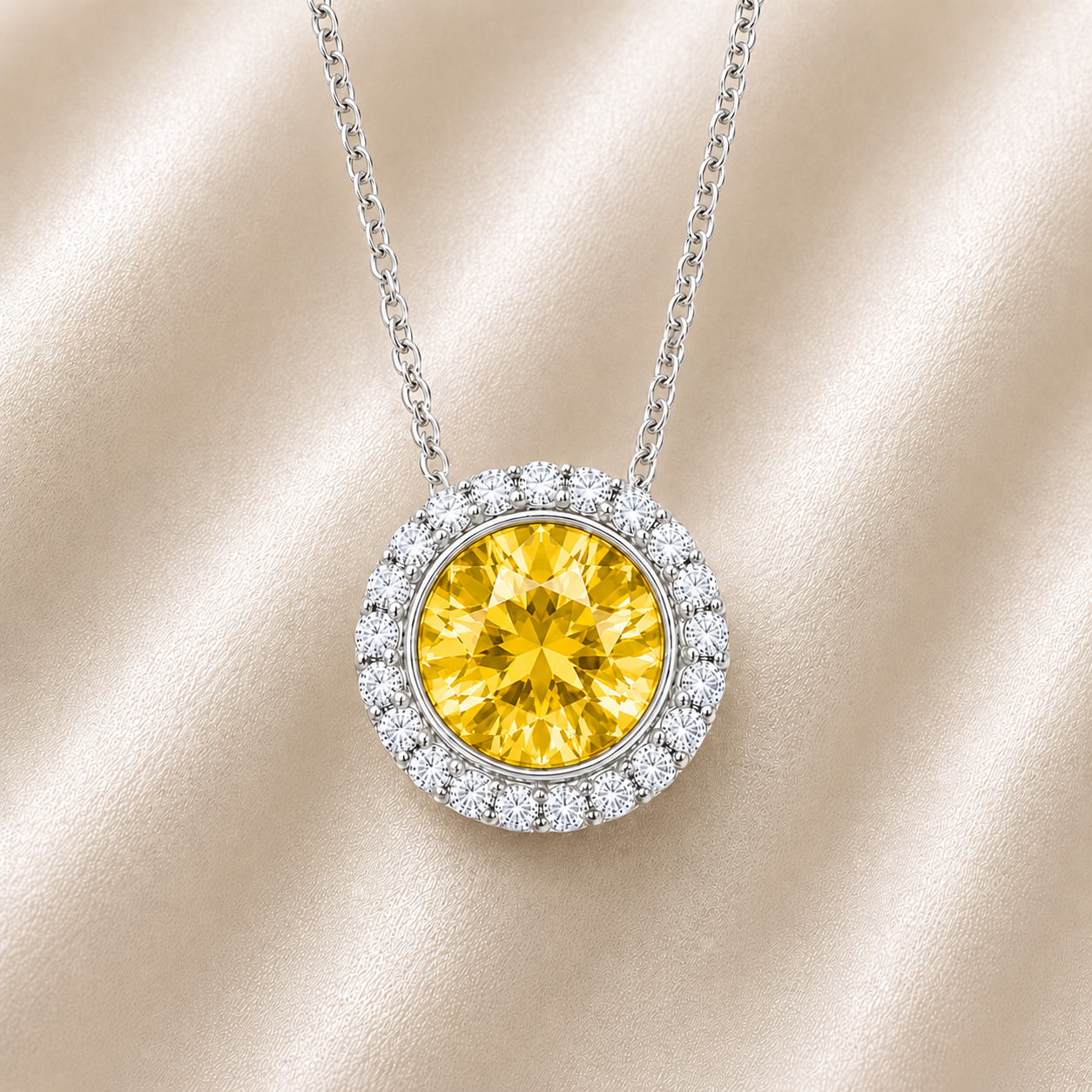 Yellow sapphire pendant with 6 mm round stone in white gold-plated 925 silver, accented with moissanite and adjustable cable chain. Available now at BSI Jewelry.