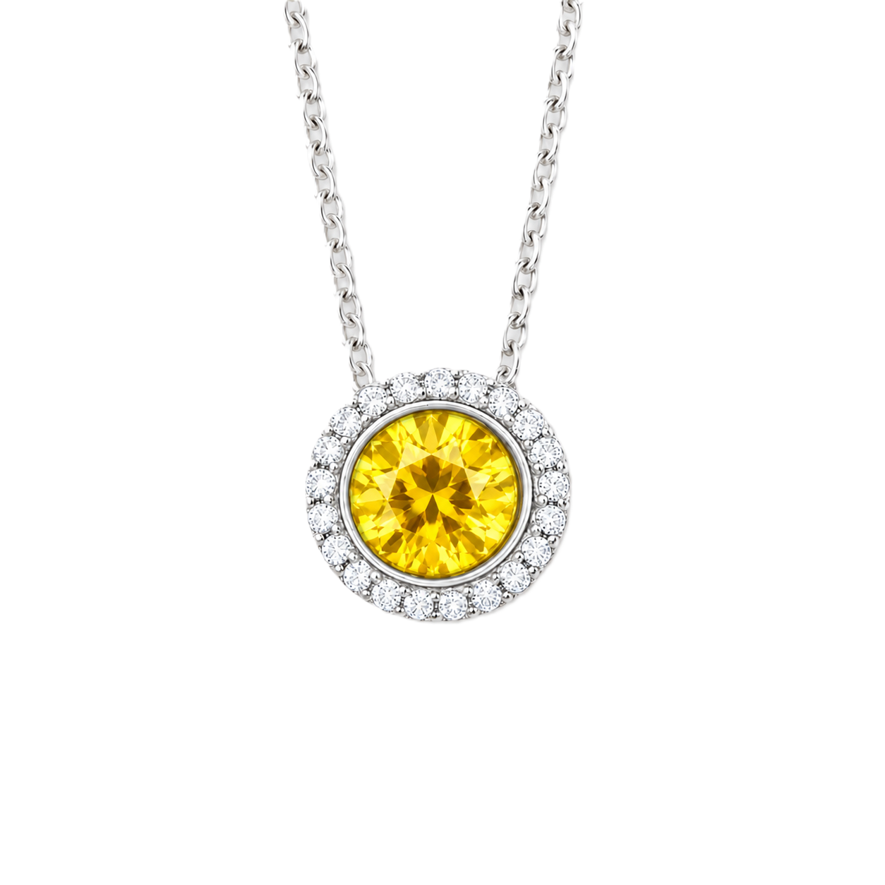 Yellow sapphire pendant with 6 mm round stone in white gold-plated 925 silver, accented with moissanite and adjustable cable chain. Available now at BSI Jewelry.