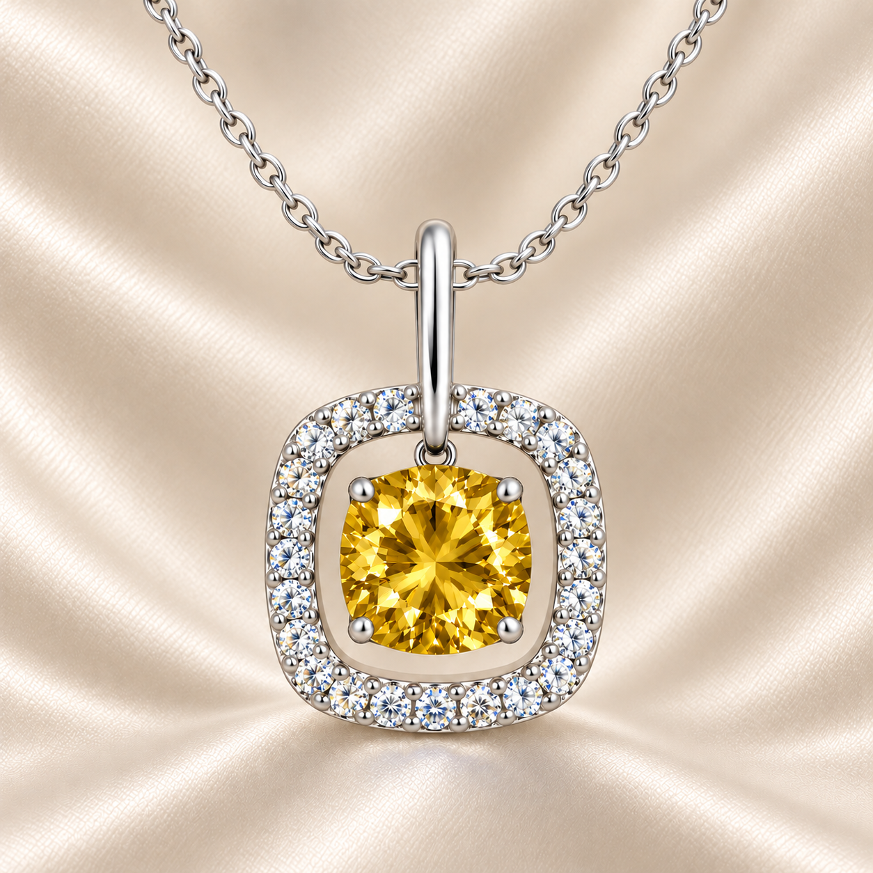 Yellow sapphire pendant with a 7 mm cushion cut and moissanite halo, crafted in white gold-plated 925 silver. Elegant and radiant. Available now at BSI Jewelry.