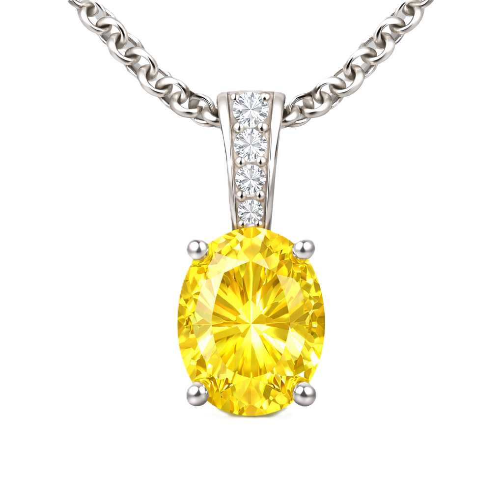 Yellow sapphire pendant, 7×5 mm oval, crafted in white gold-plated 925 silver. Elegant and hypoallergenic for daily wear. Available now at BSI Jewelry.
