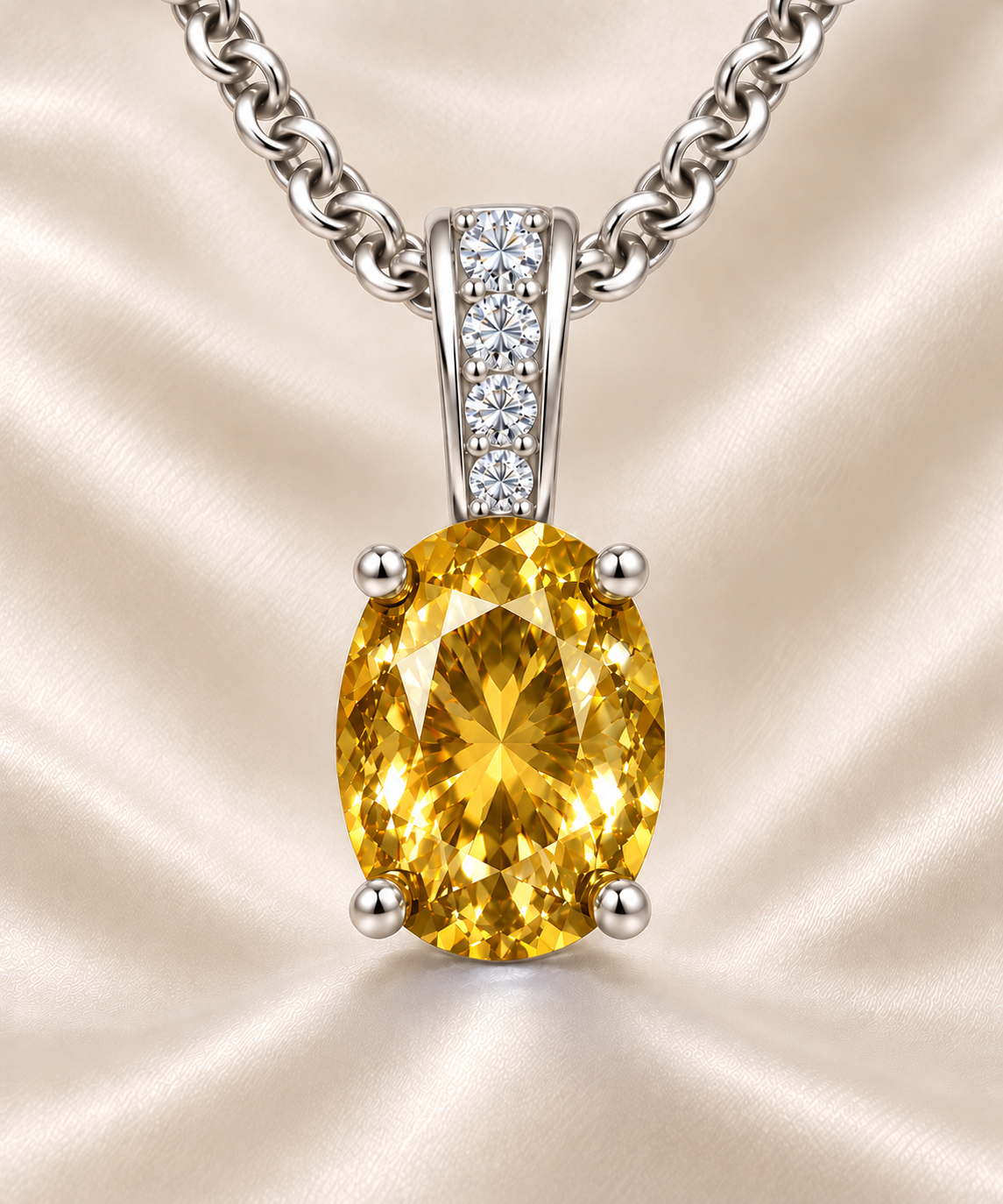 Yellow sapphire pendant, 7×5 mm oval, crafted in white gold-plated 925 silver. Elegant and hypoallergenic for daily wear. Available now at BSI Jewelry.