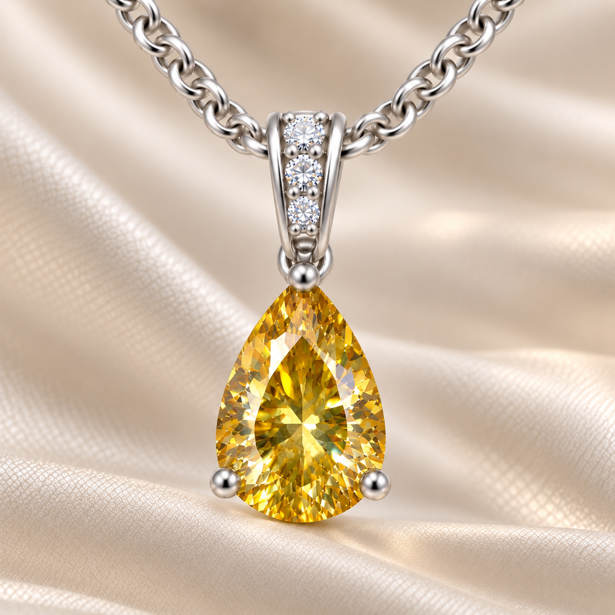 Yellow sapphire pendant with a 7×5 mm pear cut, set in white gold-plated 925 silver. Bright, elegant, and refined for daily wear. Available now at BSI Jewelry.