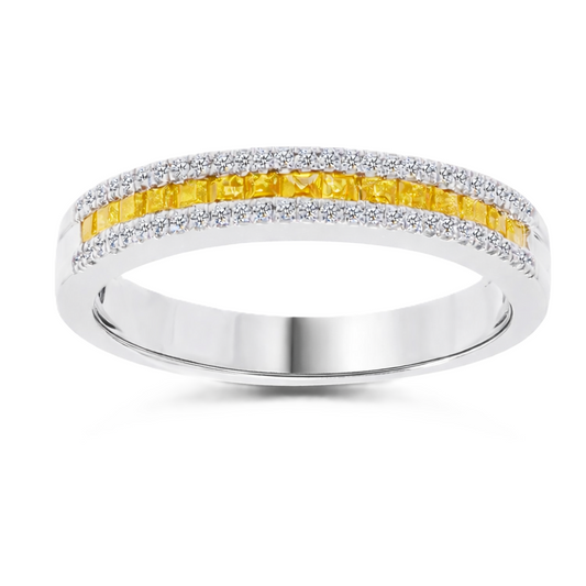 Yellow sapphire ring with 1.40 mm square stones in white gold-plated 925 silver, accented with moissanite for refined sparkle. Available now at BSI Jewelry.