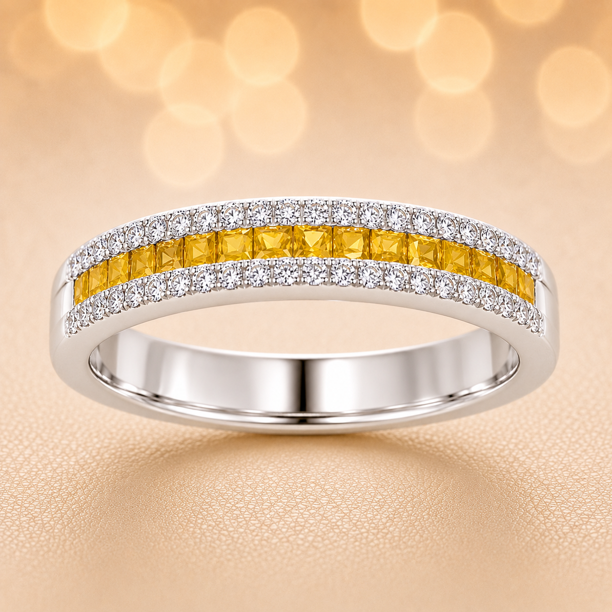 Yellow sapphire ring with 1.40 mm square stones in white gold-plated 925 silver, accented with moissanite for refined sparkle. Available now at BSI Jewelry.