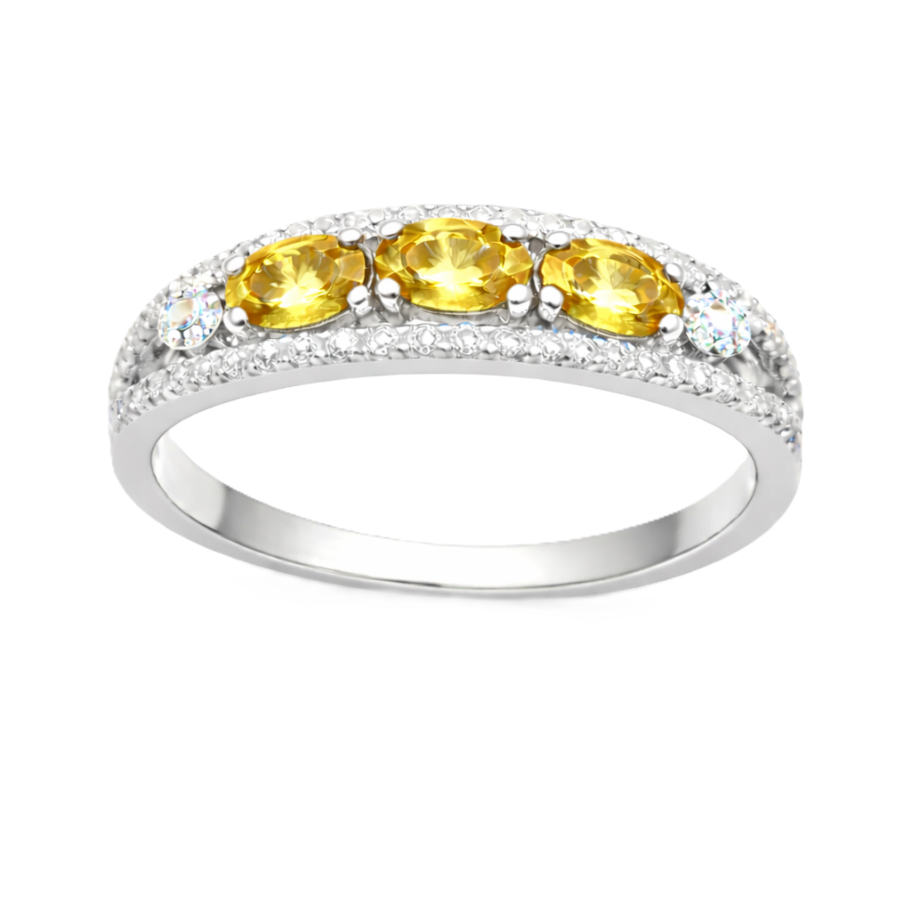 Yellow sapphire ring with 5×3 mm oval stones in white gold-plated 925 silver. Bright, elegant, and hypoallergenic. Available now at BSI Jewelry.