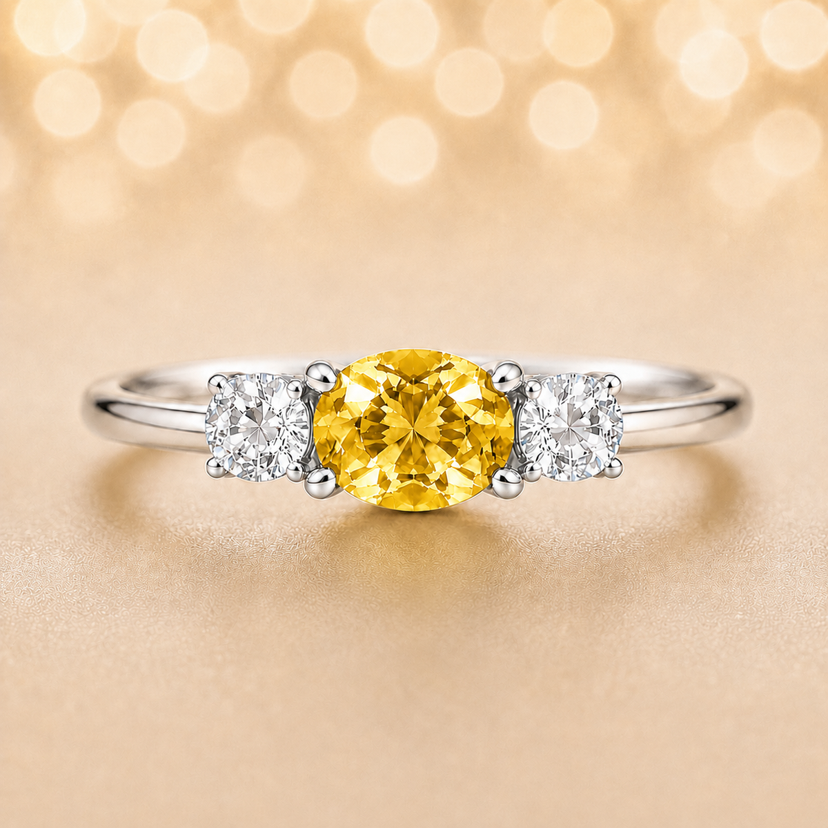 Yellow sapphire ring, 5×4 mm oval with moissanite accents in white gold-plated 925 silver. Bright, elegant, and hypoallergenic. Available now at BSI Jewelry.